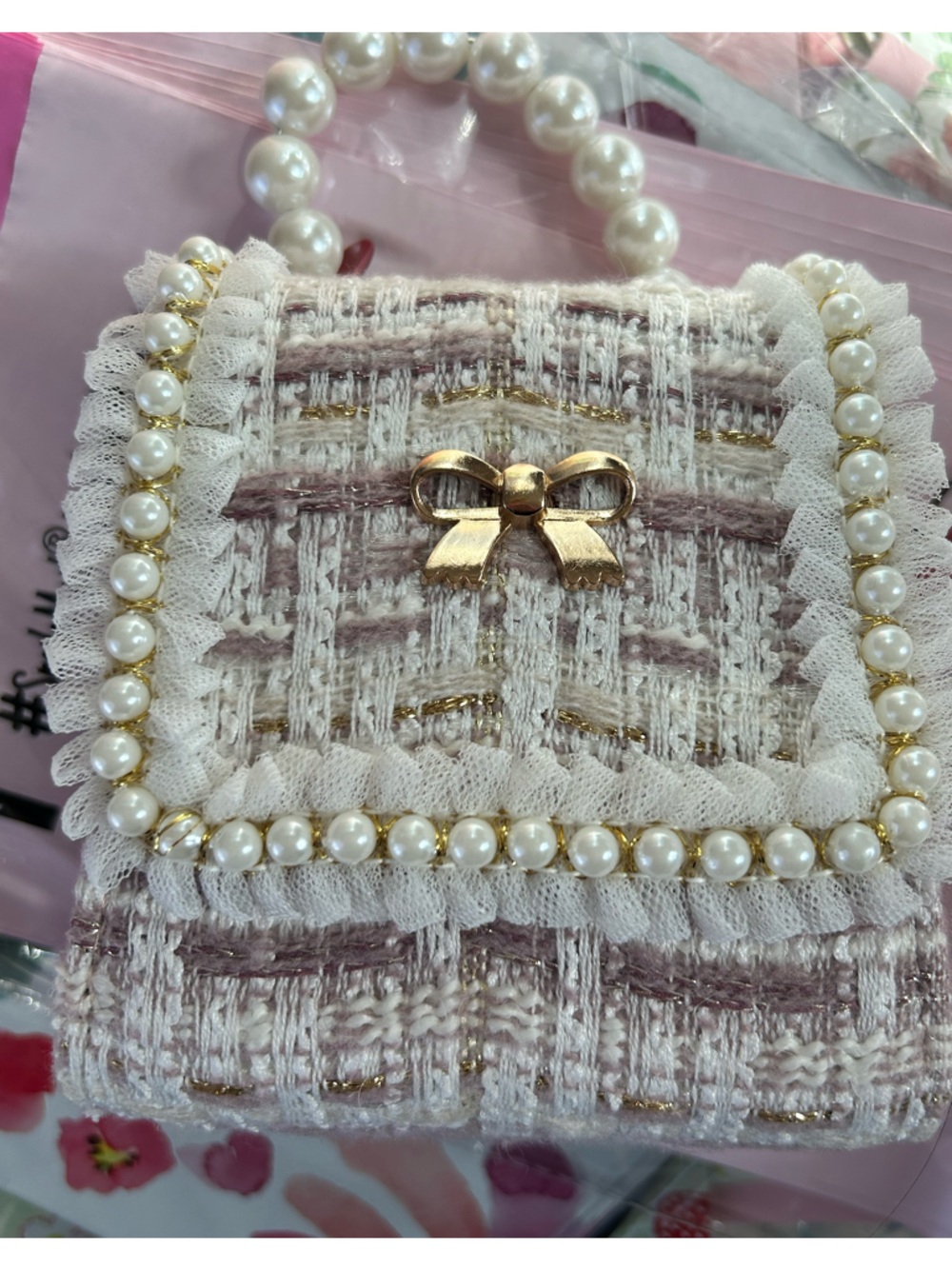 Pearl-Trim Tweed Crossbody Accent with Gold Bow